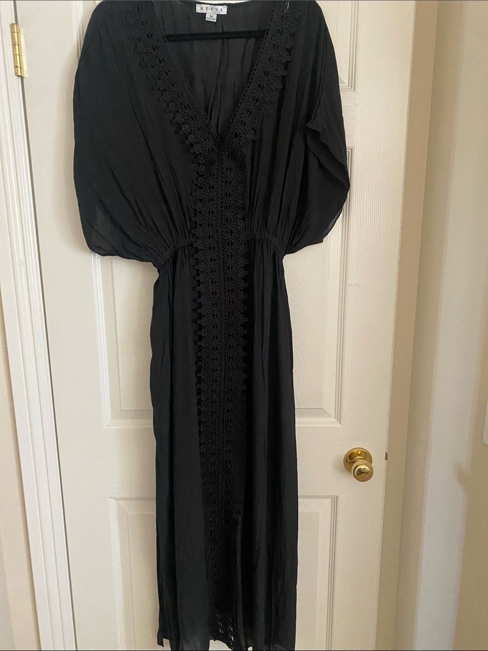 HYGVE  Boho Crochet-Trim Black Maxi Dress